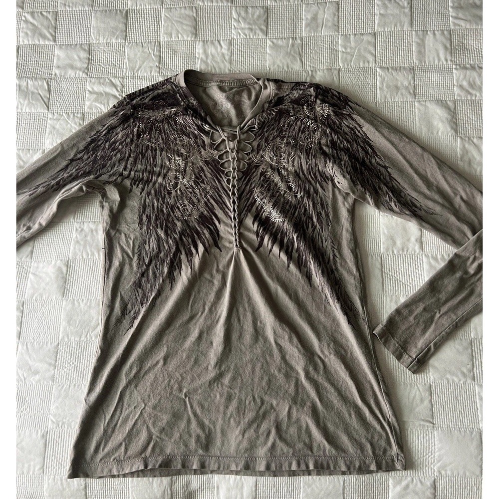 Affliction Women's Long Sleeve Graphic T-Shirt Medium Lace-Up Front Wing Design